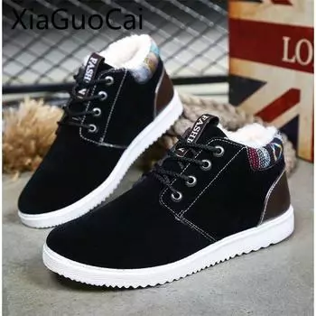 Fashion Round Toe Fur Warm Mens Casual Boots Lace Up Lace Up Male Winter Boots Rome Style Mens Flat Snow Boots for Winter 7.5 чёрный
