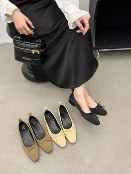fashion Round Toe Women Loafers Autumn Dress Shoes Low Heeled Beige Black Brown Bow Design Fashion Flat Heeled 2024 New Arrivals Loafers 5.5 чёрный