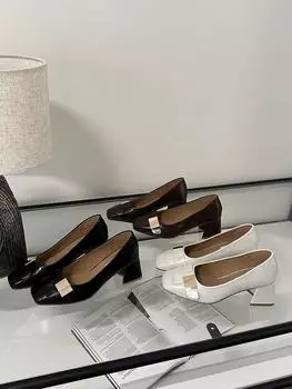 fashion Round Toe Women Pumps 2024 New Arrivals Black Beige Brown Belt Buckle Autumn Winter Ladies Office Pumps Size 35-39 Sexy Weave 5.5 чёрный