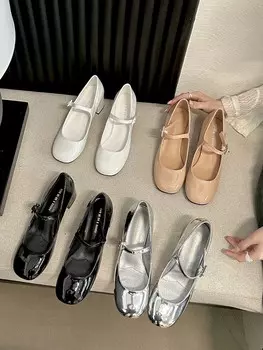 fashion Round Toe Women Pumps Belt Buckle Autumn Spring Dress Shoes Black Beige Silver White Patent Leather Thick High Heels Woman 35-39 5.5 бежевый