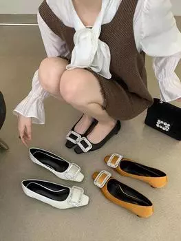 fashion Round Toe Women Pumps Shallow Slip On Belt Buckle Rhinestone Chain White Black Brown Sexy Party Pumps Fashion Size 35-39 5.5 чёрный