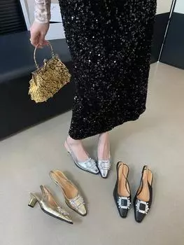 fashion Round Toe Women Sandals 2024 New Arrivals Black Gold Silver Summer Dress Shoes Thin High Heels Party Pumps Elegant Slides Mules 5.5 чёрный