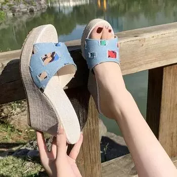 Fashion Rubber Wedge Heel Women s Slippers High Heels Light Mouth Simple Metal Women s Shoes Summer Women s Heel Sandals 35 небесно-голубой