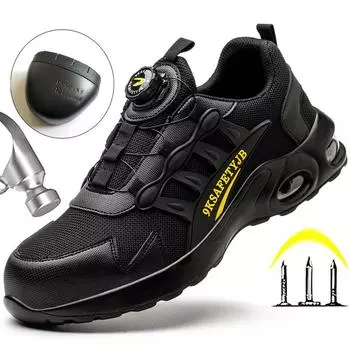Fashion Safety Shoes Men Anti-smash Anti Puncture Work Sneakers Steel Toe Shoes Rotating Button Protective Shoes Wear Resistant 37