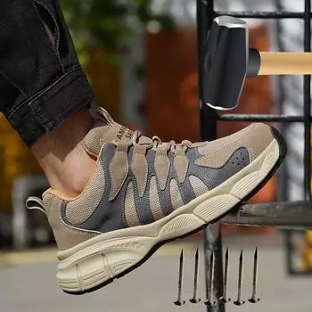 Модная защитная обувь для мужчин, рабочие кроссовки с защитой от проколов, женская защитная обувь на воздушной подушке, дышащая, нескользящая рабочая обувь, безопасность 40 хаки