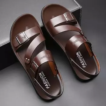 Fashion Sandalia Masculina 2024 Brown Leather Mens Summer Non-slip Shoes Casual Comfort Open Toe Flat Sandalias Soft Beach Footwear 47 коричневый