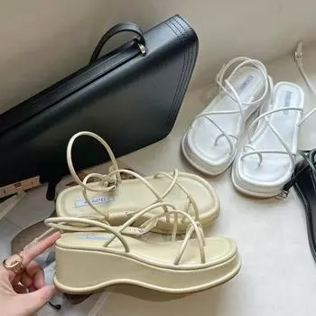 Модные туфли Sandalias Femininas на платформе Sandales Femmes Летние сандалии с перекрестной завязкой 2024Повседневные белые сандалии на танкетке Zapatos Mujer 35 чёрный