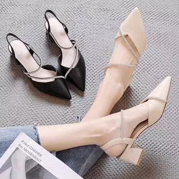 Fashion sandals fairy wind 2025 summer new thick heel pointed head bag head word with rhinestone women s high heels women s shoes 35