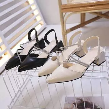 Модные босоножки для женщин на среднем каблуке, босоножки женские, сексуальные, массивные, из натуральной кожи, со стразами, летние, новые, роскошные, дизайнерские 38 чёрный