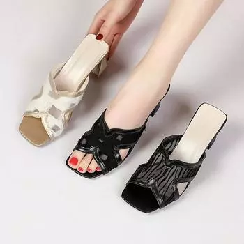 Fashion Sandals Leather Open Toe Slides With Heel Shoes For Women Job Rubber Woman Slippers 2024 Luxury On Offer Premium Low Price 34