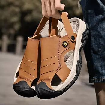 Fashion Sandals Man Summer 2025 High Quality Leather Casual Outdoor Breathable Hollow Out Beach Flat Sandals Comfortable Toe Slippers 38 коричневый