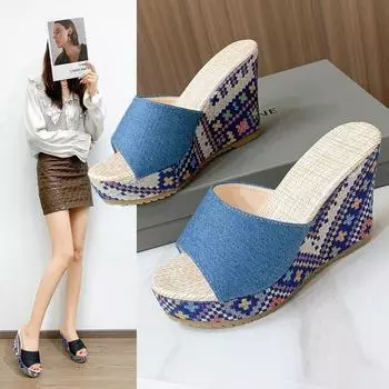 Fashion Sandals Summer 2024 New Women Slippers Wedges Platform Beach Flip Flops Trend High Heels Ladies Shoes Pumps Thick Slides Mujer 35 синий
