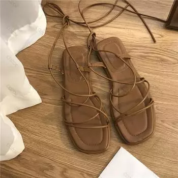 Fashion Sandals Women Summer New 2024 Beach Fashion Sexy Flat Casual Fairy Style Narrow Band Shoes Black Rome Sandals 35 коричневый