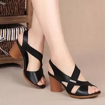 модные сандалии женские летние туфли толстый каблук средний открытый носок нескользящая мягкая подошва без застежек повседневные сандалии женские сандалии Tacones Mujer 35 чёрный