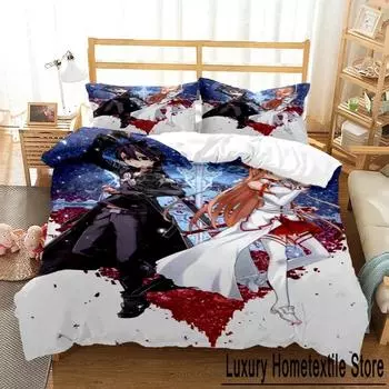 Fashion SAO Anime Art Print Three Piece Bedding Set Fashion Article Boys Or Adults For Beds Quilt Covers Pillowcases Bedding Set EU Single 135x200cm