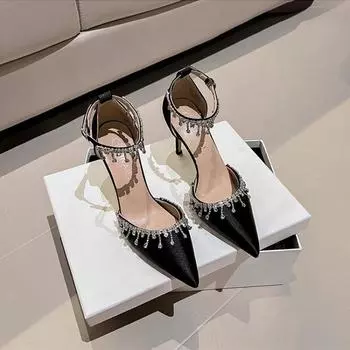 модные атласные однорядные женские летние модные туфли с кисточками и цепочкой на высоком каблуке, черные темпераментные полые босоножки, белые свадебные туфли 33