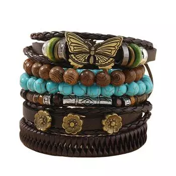 Fashion Sells Butterfly Plum Blossom Turquoise Chicken Wing Wood Handwoven Personalized Bracelet Six-piece Set разноцветный