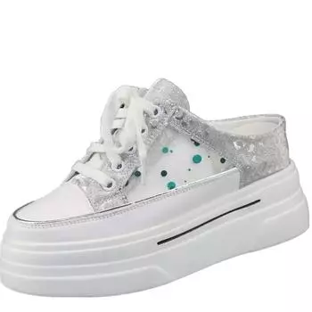 fashion Semi-slippers Women s Outer Wear 2024 Summer New Mesh Breathable Thick Bottom Heightening White Without Heel Slip-on Sneakers 34