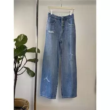 Fashion Series M/6 King Fried! Spring and Summer Thin Ripped High Waist Breasted Loose Straight-leg Mop Denim Women s Trousers Light blue S