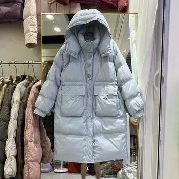 FASHION серия белый утиный пух пуховик женский зимний новый средний и длинный фасон утолщенный нишевый дизайн куртка с капюшоном модная одежда S