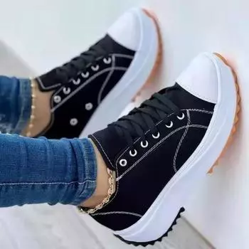 fashion Sewing Spring/autumn Fashion Sneakers Mid Heel Mixed Colors Shoes Female 2024 High Quality Lace-up Women s Vulcanize Shoes 35 чёрный