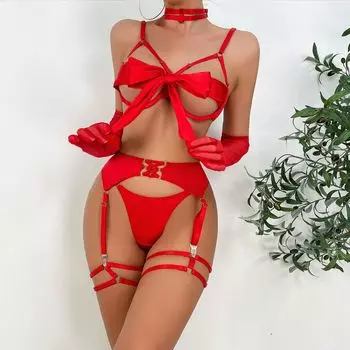 Модное сексуальное нижнее белье, сексуальный бандажный полый пояс, длинные перчатки, нагрудный ремень, женское нижнее белье, набор из шести предметов S