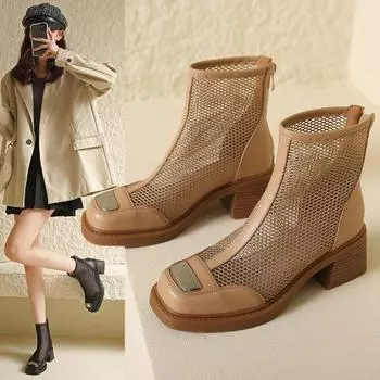 Fashion Sexy Black Ankle Boots for Women Summer 2024 Square Heels Boots Woman white Lace mesh Short Botas mujer fashion woman shoes 35 чёрный