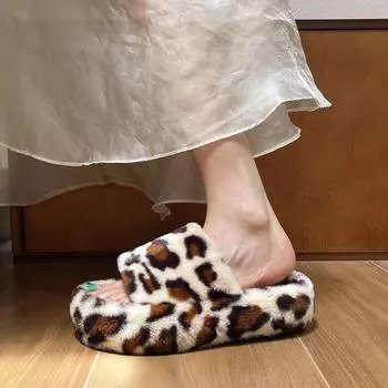 Fashion Sexy Cross Leopard Plush Women Slippers Lightweight Soft Sole Cotton Slides Winter Open-toe Warm Middle Heel Women Flip Flops 35