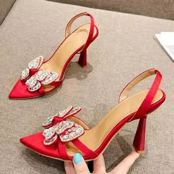 Модные сексуальные босоножки с кристаллами и бабочкой, женские летние с острым носком на высоком каблуке, модные свадебные туфли с открытым носком, элегантные женские туфли 35 красный