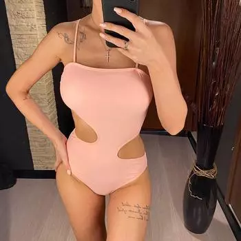 мода сексуальный вырез асимметричный розовый женский купальник цельный купальник женский высокий вырез по ноге мягкий купальный костюм женский купальник S розовый