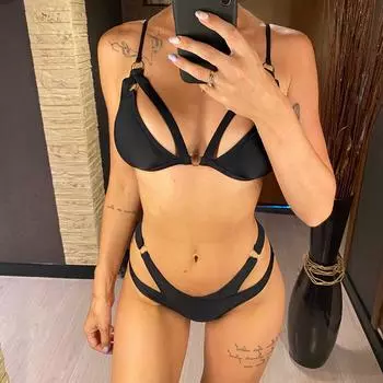 мода сексуальный вырез на бретельках бикини с высоким вырезом женский купальник женский купальник из двух частей комплект бикини купальный костюм женский купальник S чёрный