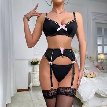 Модное сексуальное нижнее белье тонкий бюстгальтер стринги комплект из четырех предметов чулки S