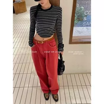 Fashion Sexy Long Sleeve T-shirt New Slim Fit Padded Shoulder Black and gray bar In Stock M