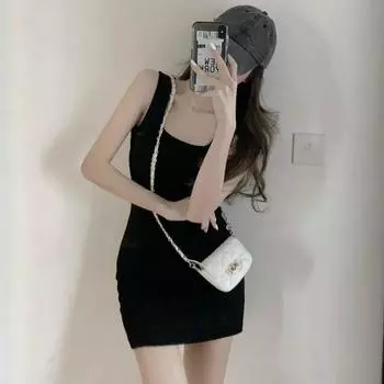 Fashion Sexy Low Collar Open Back Hip Skirt Women s Summer Sexy Sleeveless Bottoming Suspender Skirt Nipped-Waist Vest Dress Tide Black (vest) XL