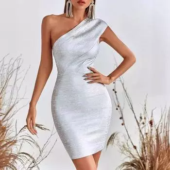 Fashion Sexy One-Shoulder Dress Light Luxury Minority Classy Grade Elegant Dinner Annual Meeting Slim Looking Sheath Bandage One-Piece Dress Bronzing color L