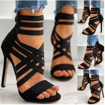 Fashion Sexy Peep Toe Elastic Band Cross Women High Heels Sandals Summer New Back Zipper Cover Heeled Gladiator Shoe Pump Black 35 чёрный