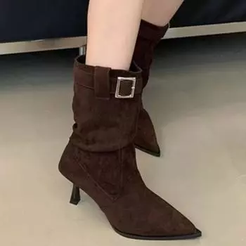 мода Сексуальные ботильоны на шпильке с острым носком Замшевая женская обувь Зимний тренд 2025 Новые элегантные туфли для платья Модные туфли-лодочки Botas Mujer 35 чёрный