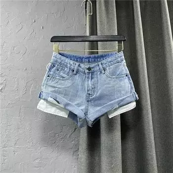 Fashion Sexy Style Water Washed Hole Curling Low Waist Denim Shorts Women s 2024 Summer Sheath Slim Fit Hot Pants Blue [high quality In Stock]] S