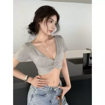 Fashion Sexy Waist Hollow-out Jazz Dance Jazz Short Sleeve T-Shirt Grey L
