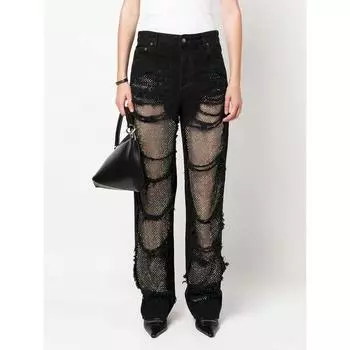 Fashion Sexy Wind Mesh Patchwork Straight-leg Denim Black XL