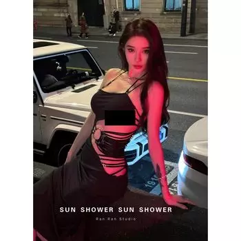 Fashion Sexy Wind Metal Ring Tied Spaghetti-Strap Dress 2025 New Sexy Crop Top Slim Fit Long Dress In Stock Little Black Dress In Stock M