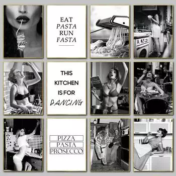 Мода Сексуальная Женщина Ест Пасту Плакат Цитаты Кухни Черно-Белая Фотография Холст Картина Настенные Картины Декор Столовой Бар 21x30cm No Framed