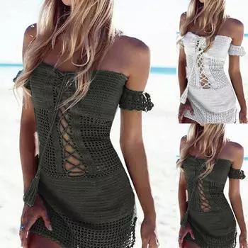 Модная сексуальная женская пляжная юбка, бикини, блузка, пляжное бикини, вязаный крючком купальник Free Size зелёный