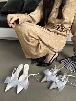 fashion Sexy Women Sandals Pointed Toe Summer Dress Shoes Black White Silver Back Strap Bow Design Size 35-39 Thin High Heels Sandals 5.5 бежевый