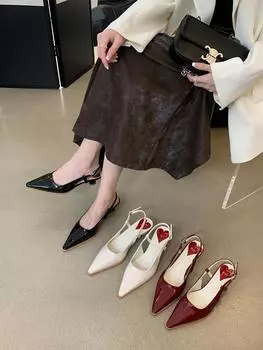 модные сексуальные женские босоножки с круглым носком летние туфли на тонком среднем каблуке черные бежевые красные ремешок сзади новые поступления 2024 туфли-лодочки для вечеринок свадьба 5.5 чёрный