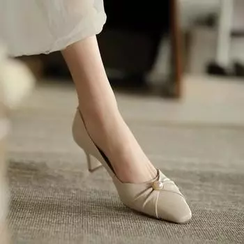 Fashion Shallow Apricot Women s Shoes Thin Heels Pearl Square Toe with Medium Pleated Ladies Footwear Shoe Casual Popular Fashion Young 34 бежевый