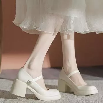 Fashion Shallow Mouth High-heeled Women Pumps 2024 New French Retro Thick Heel Small Leather Shoe Single Shoes Mary Jane Shoes 35 абрикосовый