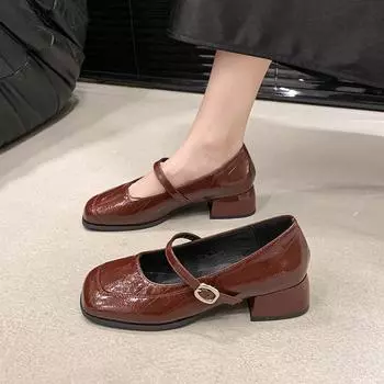 Fashion Shallow Mouth High-heeled Women Shoe 2024 Spring New French Retro Thick Heel Small Leather Shoe All-match Mary Jane Shoe 35 бежевый