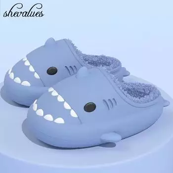 fashion Shevalues Plush Shark Slippers Women Men Winter Warm Furry Cotton Slides Cartoon Non-Slip Home Shoes Waterproof Outdoor Shoes 36-37(22.5-23cm) розовый