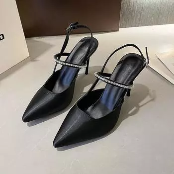 модные блестящие туфли на высоком каблуке с открытой пяткой серебристые женские туфли-лодочки с металлическим кристаллом босоножки с острым носком туфли на шпильке туфли на выпускной вечер женские 35 чёрный